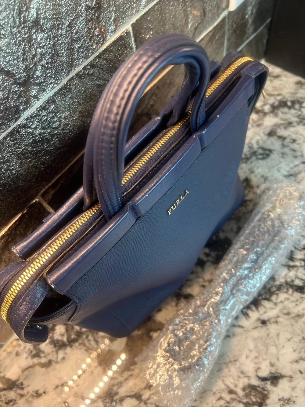 Furla Navy Textured Leather 2 way bag NWOT